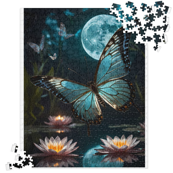 Serene Butterfly Painting with Water Lilies and Full Moon Jigsaw Puzzle