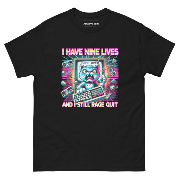 I Have Nine Lives And I Still Rage Quit Funny Gamer Cat T-Shirt | Retro Arcade Cat Gaming Tee | Gift for Gamers and Cat Lovers