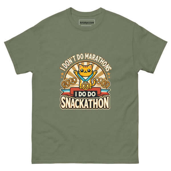 I Don't Do Marathons I Do Snackathons Funny Cat T-Shirt | Lazy Runner Humor Tee | Cat Shirt | Gift for Snack Lovers & Foodies - Image 3