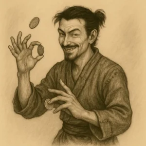 Sepia ink-style illustration of Renji the Fox, a sly trickster in patched robes, grinning as he performs sleight of hand with coins in the Ghost Blade Saga